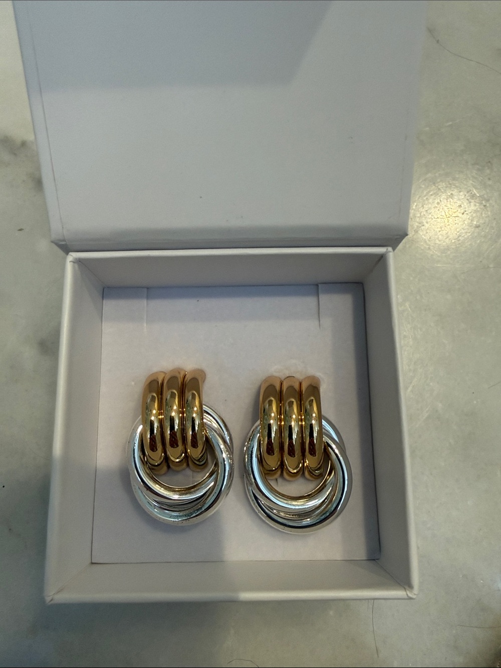 Two-Tone Interlocked Hoop Drop Earrings — Gold & Silver
